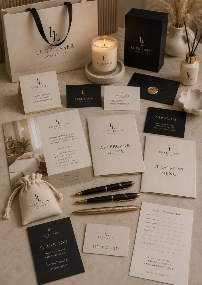 Luxe Laser Collective stationery, aftercare guide, treatment menu and gift card