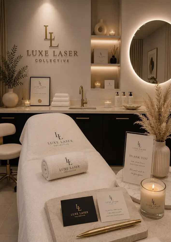 Treatment room with Luxe Laser Collective branding and soft lighting